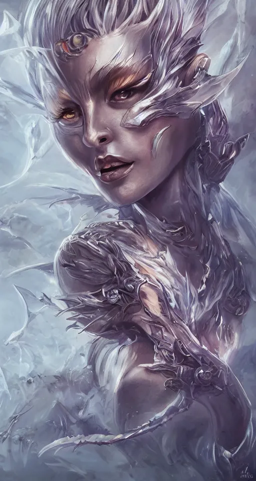 Image similar to 3/4 body portrait of the firedragon queen by artgerm, Dragon in dragon lair, HD, full body dragon concept, flying dragon, Human body with dragon features, beautiful queen, perfect face, fantasy, intricate, elegant, highly detailed, digital painting, artstation, concept art, smooth, sharp focus, illustration, ray tracing, 4k realistic 3d rendered portrait, soft shading, soft colors, relaxed colors, hyperdetailed, wide angle lens, fantasy, futuristic horror, armor style of giger