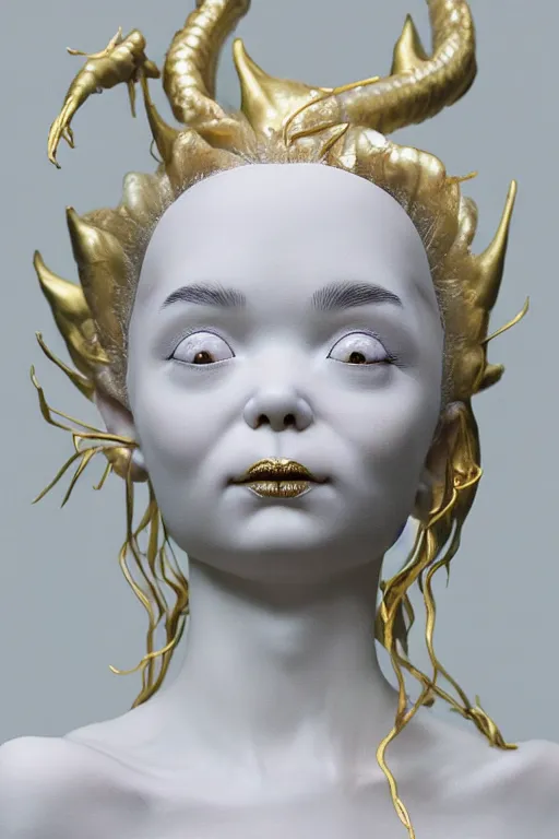 Image similar to full head and shoulders, realistic bjork porcelain ballerina sculpture, smooth, delicate facial features, white eyes, white lashes, detailed white, lots of 3 d gold chinese dragons anatomical, all white features on a white background, by daniel arsham and james jean