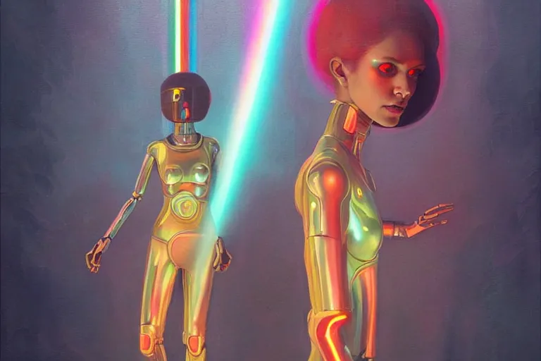 Image similar to patron saint of 👽 🌈👩🏾, futuristic clothing, woman and robot, rain, neon god of city character portrait, in the style of moebius, tom bagshaw, and waterhouse, cinematic lighting, beautiful, elegant, oil painting,