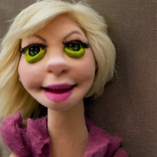 Image similar to charlize theron as a muppet. highly detailed felt. hyper real photo. 4 k