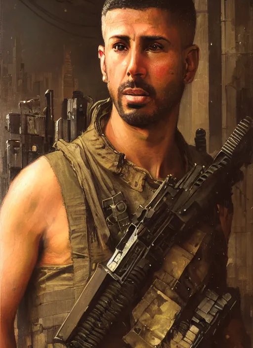 Image similar to 👳♂. cyberpunk mercenary in a military vest ( blade runner 2 0 4 9, cyberpunk 2 0 7 7 ). orientalist portrait by john william waterhouse and james gurney and theodore ralli and nasreddine dinet, oil on canvas. cinematic, hyper realism, realistic proportions, dramatic lighting, high detail 4 k