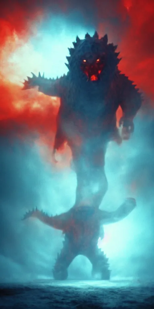 Image similar to low - resolution filmstill of a kaiju monster, fog, smoke, fire, red and blue hues, thriller, underdeveloped, flare, epic, dramatic