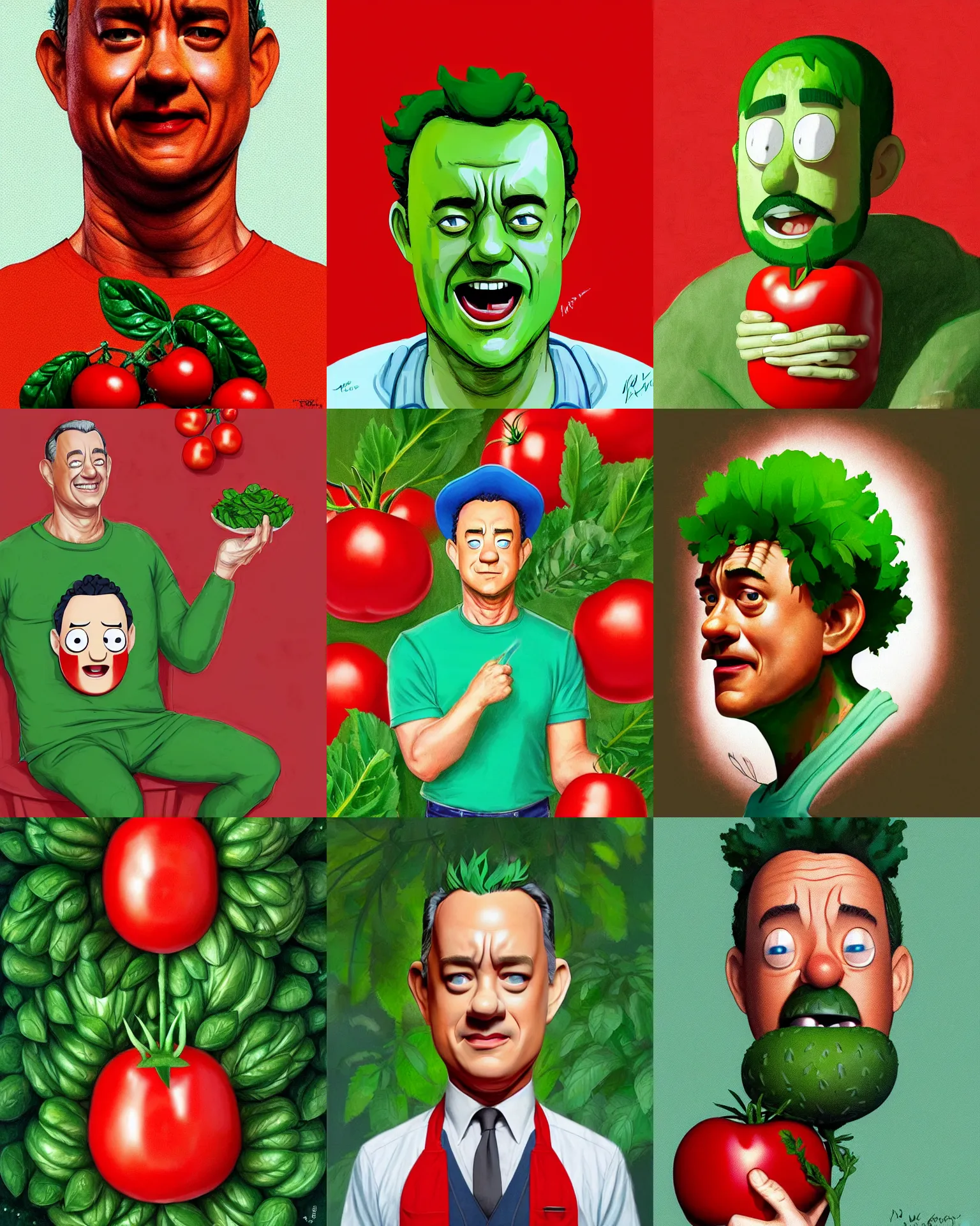 Prompt: tom hanks as forest gump as a tomato, his skin is red with leafy green hair, animation, pickle rick, dramatic lighting, forest gump tomato body, shaded lighting poster by magali villeneuve, artgerm, jeremy lipkin and michael garmash, rob rey and kentaro miura style, trending on art station