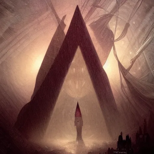 Image similar to silent hill pyramid head in space, intricate, elegant, highly detailed, digital painting, artstation, concept art, smooth, sharp focus, illustration, art by artgerm and greg rutkowski and alphonse mucha and william - adolphe bouguereau