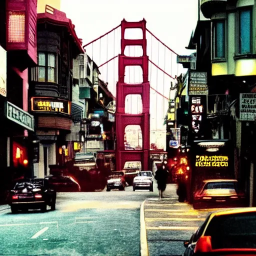 Prompt: color film still city san francisco, golden gate bridge, lombard street, iconic, blade runner style, year 2 1 0 0, future, gritty, dirty