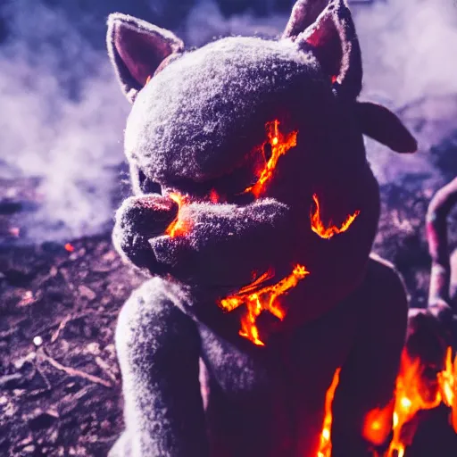 Image similar to the burning pits of hell and the tortured souls are dressed as furries, 4 k, hyper realistic, dslr, high resolution, landscape, beautiful