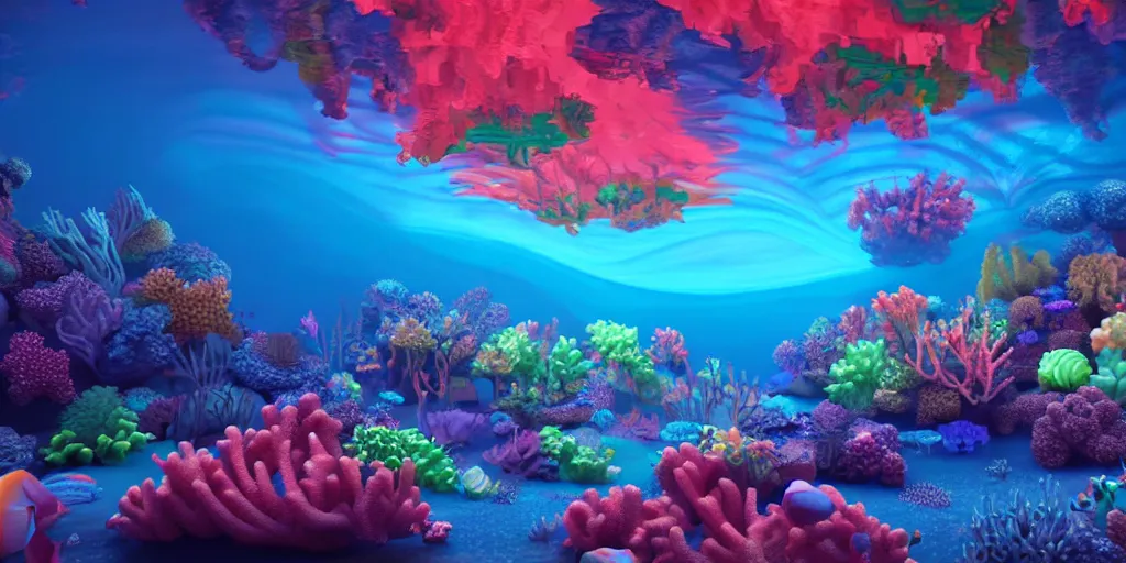 Image similar to majestic neon glowing coral reef, masterpiece painting by fabian jimenez and Jonathan solter, hyper realism, octane render