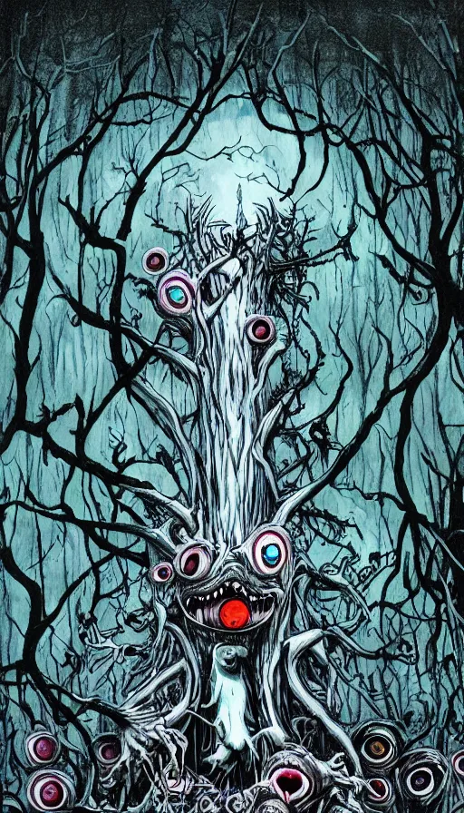 Prompt: a storm vortex made of many demonic eyes and teeth over a forest, by alex pardee