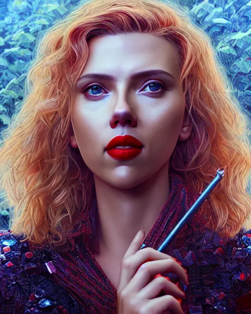 Image similar to highly detailed vfx portrait of scarlett johansson, red lipstick, global illumination, detailed and intricate environment by james jean