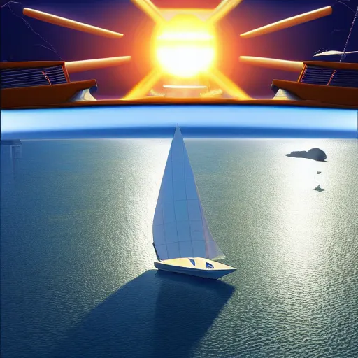 Prompt: hyper intelligent alien sailors in sailboat on open sea sunrise hopeful hd digital