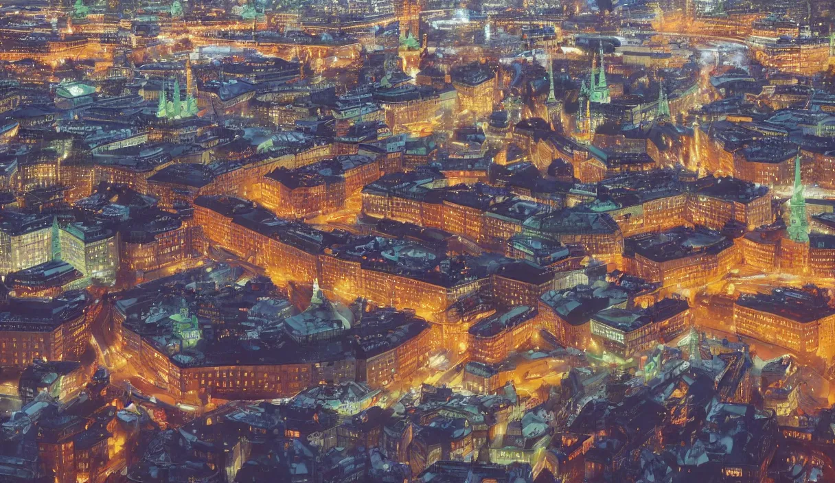 Image similar to a beautiful painting of a stockholm city sweden, cinematic angle, studio lighting, movie concept, trending on artstation, octane render, 8 k, ultra high detail