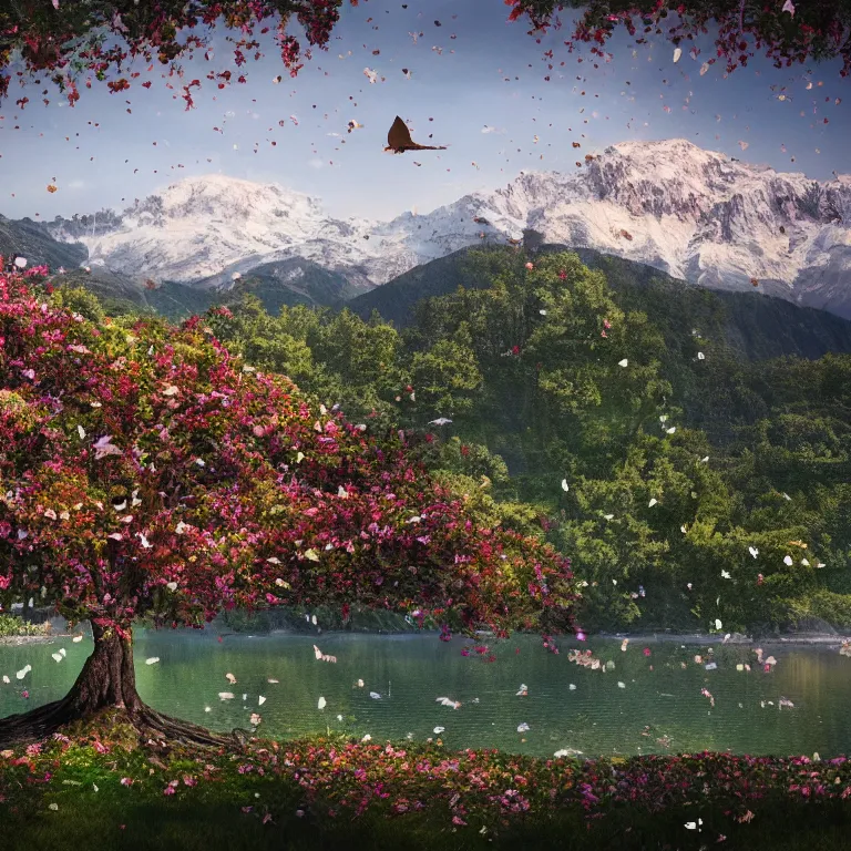 Prompt: a beautiful awesome artistic tree with falling flowers like leaves and many birds, all in the amazing outdoors view, mountain in the background, lake, long exposure, 8 k resolution, trending on artstation