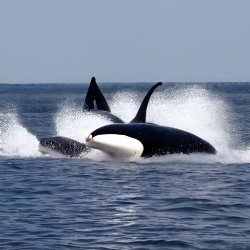 Prompt: a pod of robot orcas swimming after a seal, anime style