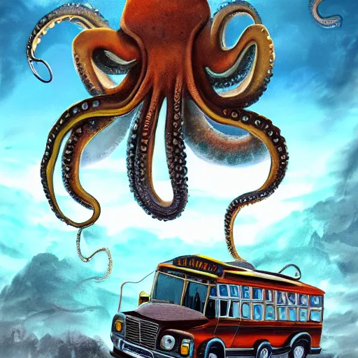 Image similar to ancient octopus monster devouring a school bus, crushing a school bus, highly detailed, 8 k, trending on artstation, award - winning art,