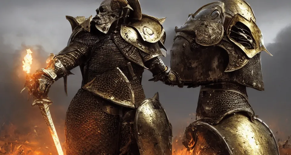 Prompt: render of A skull faced knight with a skull mask, wearing a golden set of armor standing strong in the middle of a battlefield, hyper realistic, unreal, craig mullins, alex boyd, lord of the rings, game of thrones, dark souls, skyrim, dragon age, artstation, cinematic shot, warhammer, dungeons and dragons