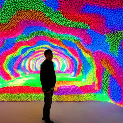 Image similar to a man standing in a tunnel with a colorful background, an abstract sculpture by huang ding, featured on dribble, interactive art, made of insects, biomorphic, irridescent