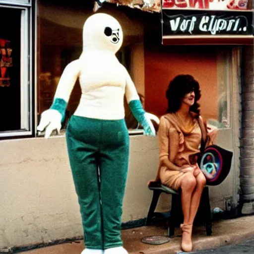 Image similar to 1976 color archival photo of a woman and a puppet that looks like Caspar the Friendly Ghost, in a sidewalk cafe, 16mm film soft color, earth tones and soft color 1976, archival footage, in style of doris wishman russ meyer, woman looks like gilda radner