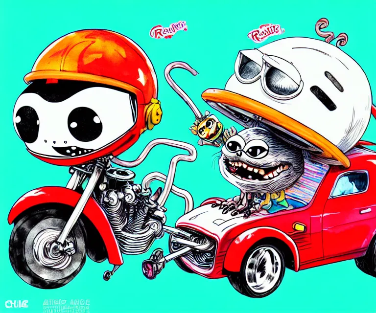 Prompt: cute and funny, pepe smiling wearing a helmet riding in a tiny hot rod harley with oversized engine, ratfink style by ed roth, centered award winning watercolor pen illustration, isometric illustration by chihiro iwasaki, edited by range murata, details by artgerm