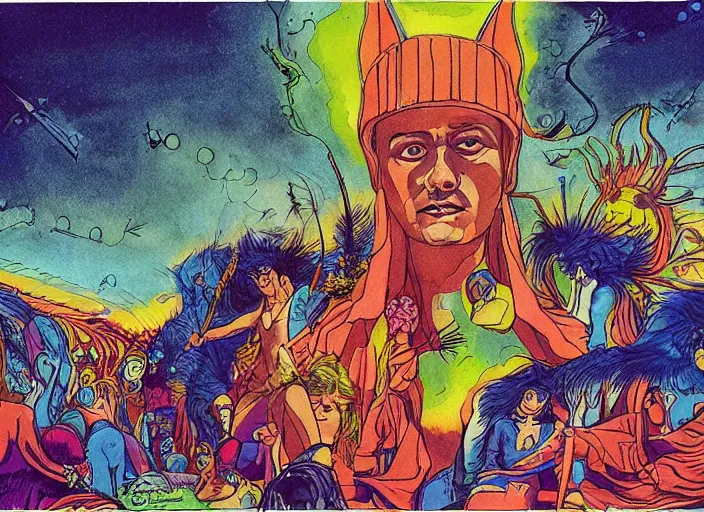 Prompt: a surreal scene from a feature film by wong kar - wai, alejandro jodorowsky and kenneth anger : : magical pagan ritual, retro sci - fi : : a storyboard drawing by moebius, ink and watercolor 8 k