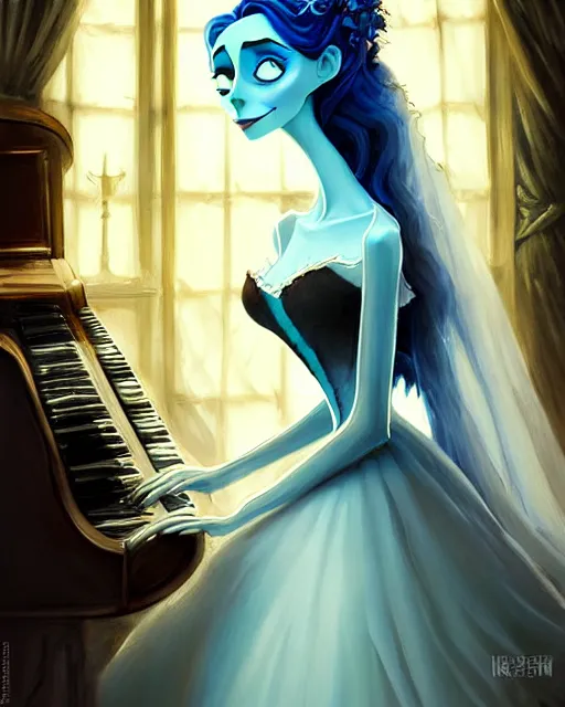 Prompt: elegant mysterious gracious undead victoria everglot from the corpse bride, portrait, illustration, the land of the death, piano in victorian front hall scene, rim light, top light, summer clear blue sky, perfectly shaded, soft painting, art by krenz cushart and wenjun lin