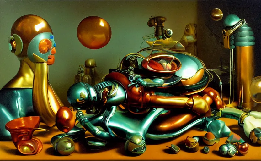 Image similar to strange seductive futuristic robot body, enticing colorful oil painting dutch golden age vanitas still life sparse composition with bulbous objects strange gooey transparent surfaces shiny metal reflections bizarre mutant meat insects rachel ruysch dali todd schorr very detailed perfect composition rule of thirds masterpiece canon 5 0 mm, cinematic lighting, photography, retro, film, kodachrome