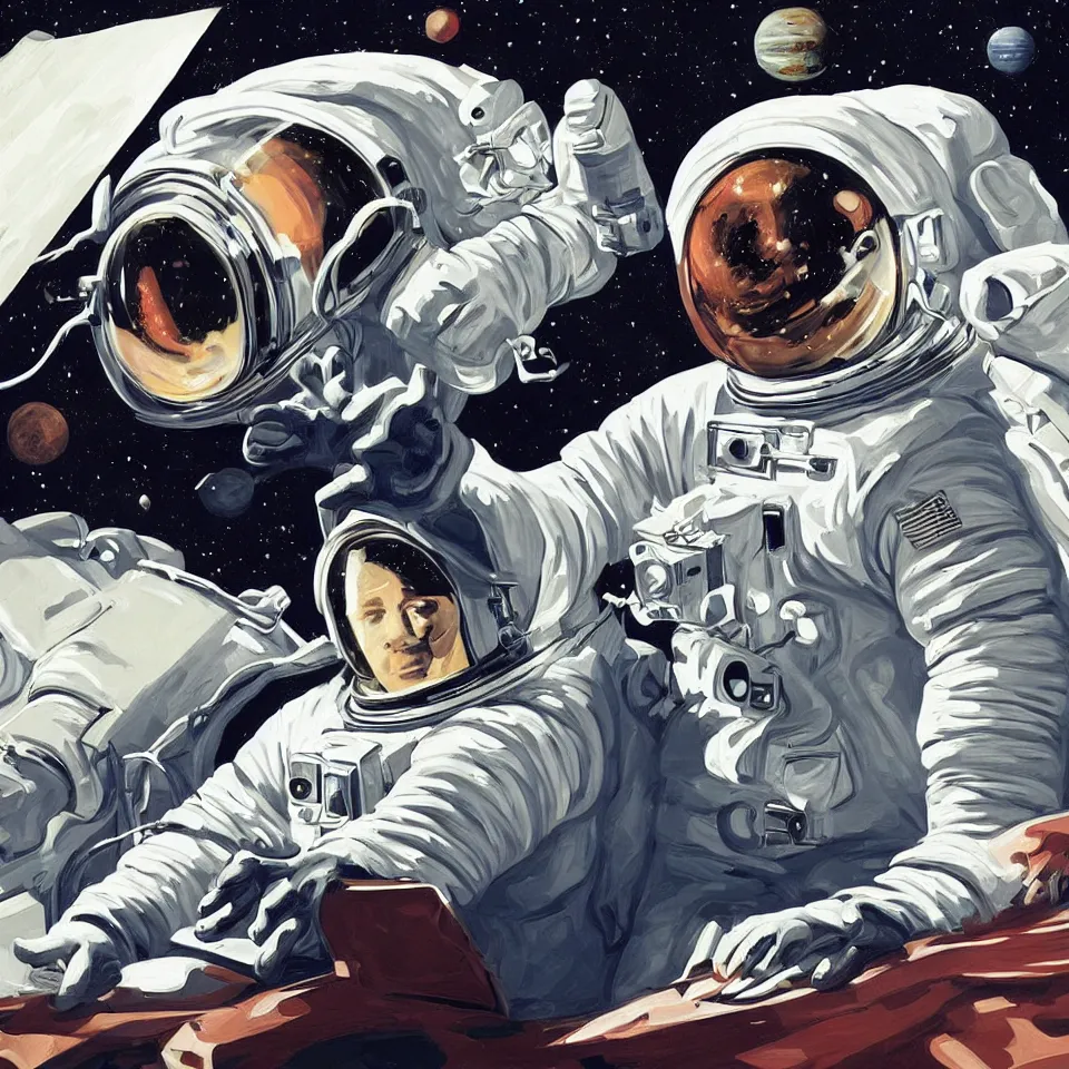 Image similar to an astronaut with headphone playing keyboard in the space, digital painting, digital art, illustrated by alex ross