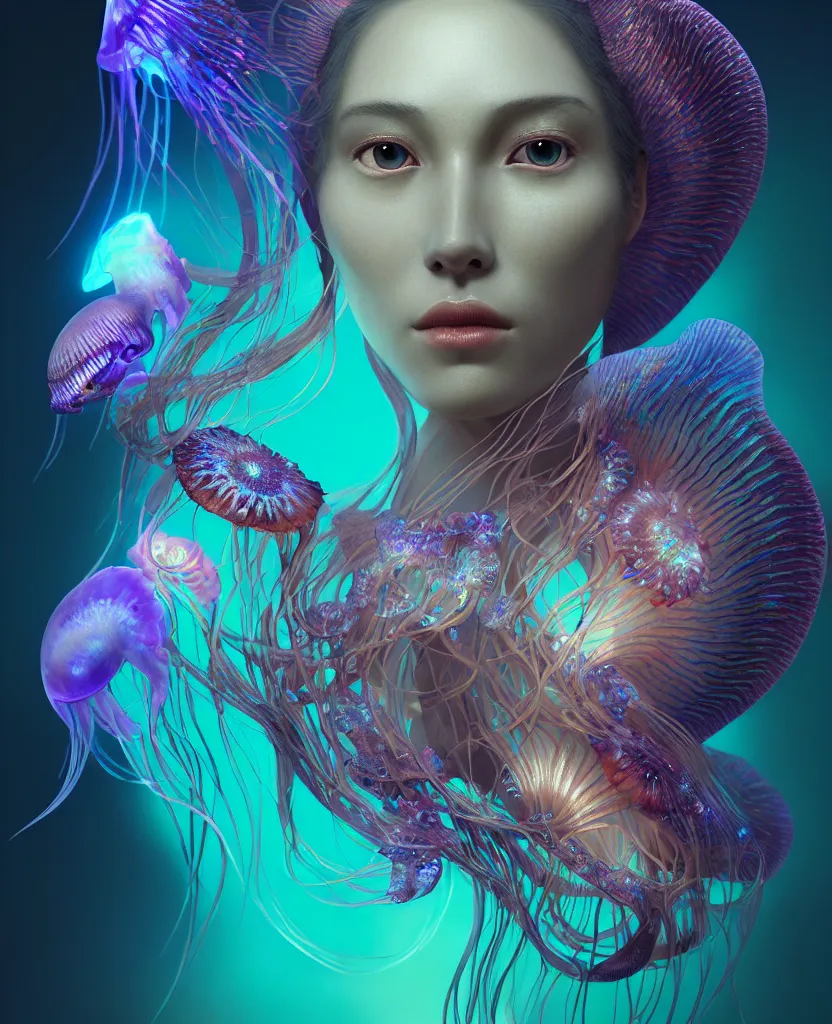 Image similar to goddess close-up portrait. dichroic orchid jellyfish phoenix head, nautilus, skull, betta fish, bioluminiscent creatures, intricate artwork by Tooth Wu and wlop and beeple. octane render, trending on artstation, greg rutkowski very coherent symmetrical artwork. cinematic, hyper realism, high detail, octane render, 8k