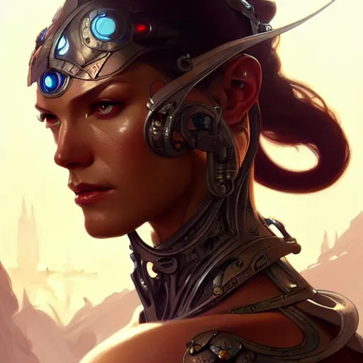 Image similar to cyborg, muscular upper body, D&D, fantasy, intricate, elegant, highly detailed, digital painting, artstation, concept art, smooth, sharp focus, illustration, art by artgerm and greg rutkowski and alphonse mucha