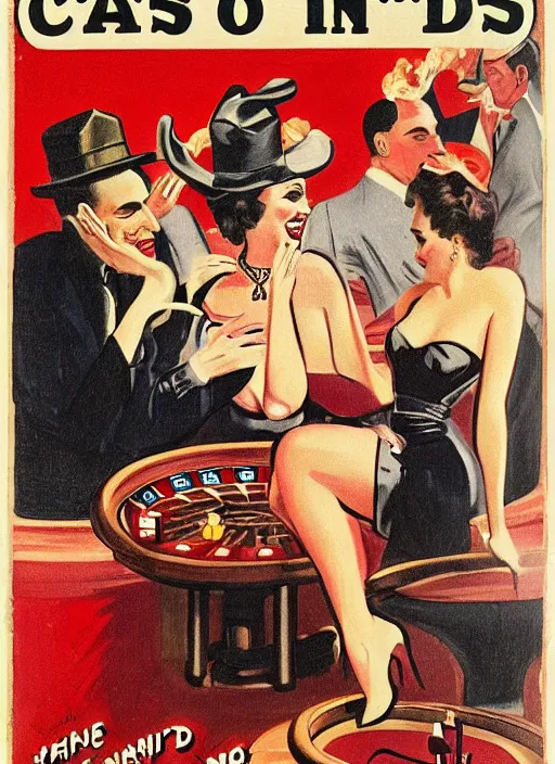 Prompt: casino in hell, devils and sinners play in the casino, advertising in the style of american art of the 1 9 5 0 s in color