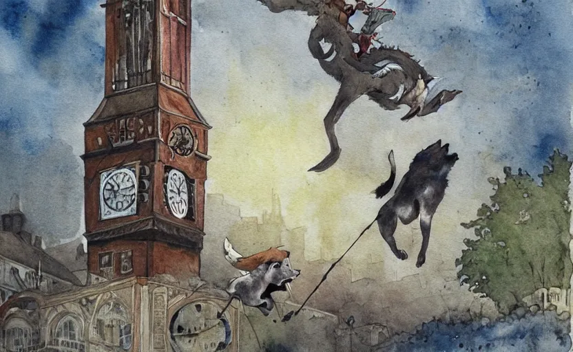 Image similar to a boy fighting a wolf on the edge of a clocktower, by taylor barron, watercolor, print