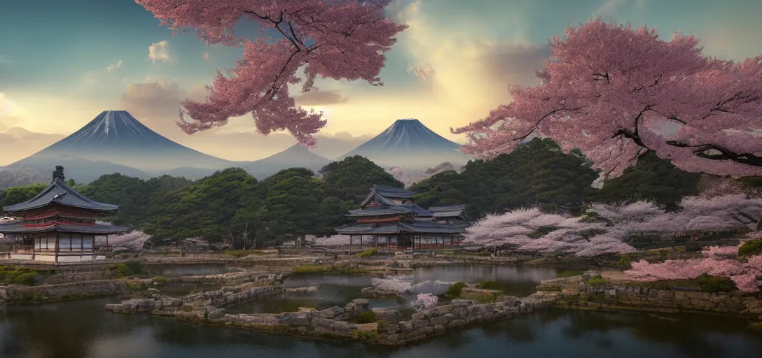Prompt: very beautiful view of an ancient japanese city at dusk, large temples, cherry blossom trees, mountains in the background, calm clouds, cinematic lighting, ultra detailed, sharp, ambient occlusion, raytracing, by greg rutowski, paul chadeisson and jessica rossier