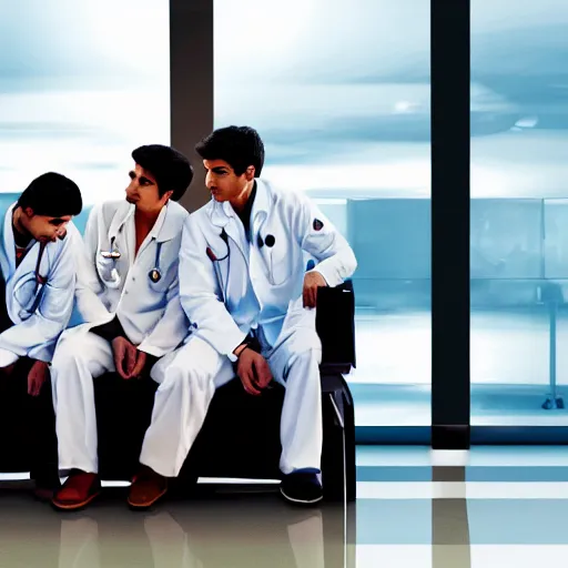 Image similar to Anxious good looking young Indian doctors in American clothes waiting at an airport, by Feng Zhu, highly detailed, excellent composition, cinematic concept art, dramatic lighting, trending on ArtStation