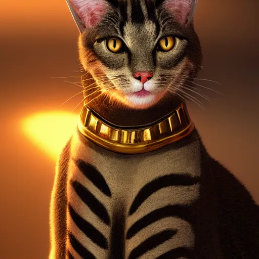 Image similar to egyptian cat, golden hour, fantasy, sharp focus, digital art, hyper realistic, 4 k, unreal engine, highly detailed, hd, dramatic lighting by brom, trending on artstation