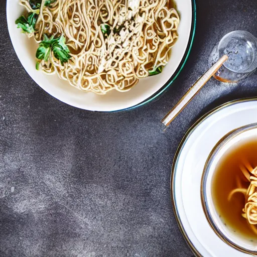 Prompt: a bowl of noodles, a glass of tea, food photography