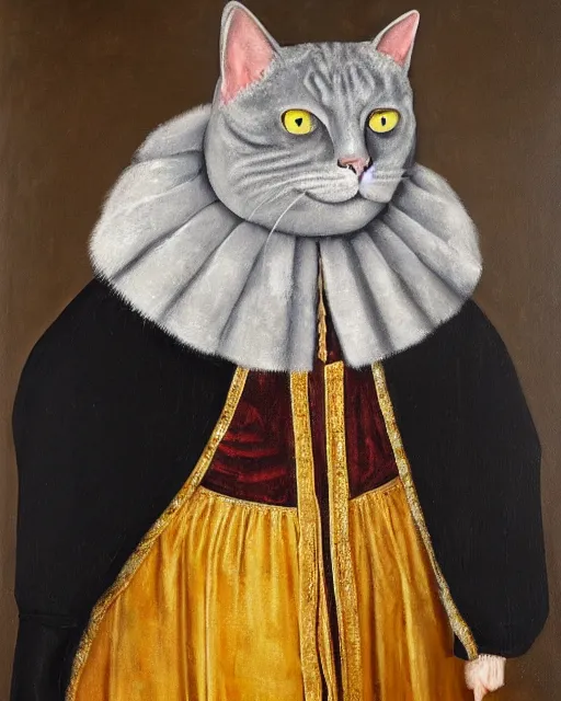 Prompt: fat gray cat with yellow eyes dressed like henry viii, tudor period clothing in scarlet gold and black, royal portrait, oil painting