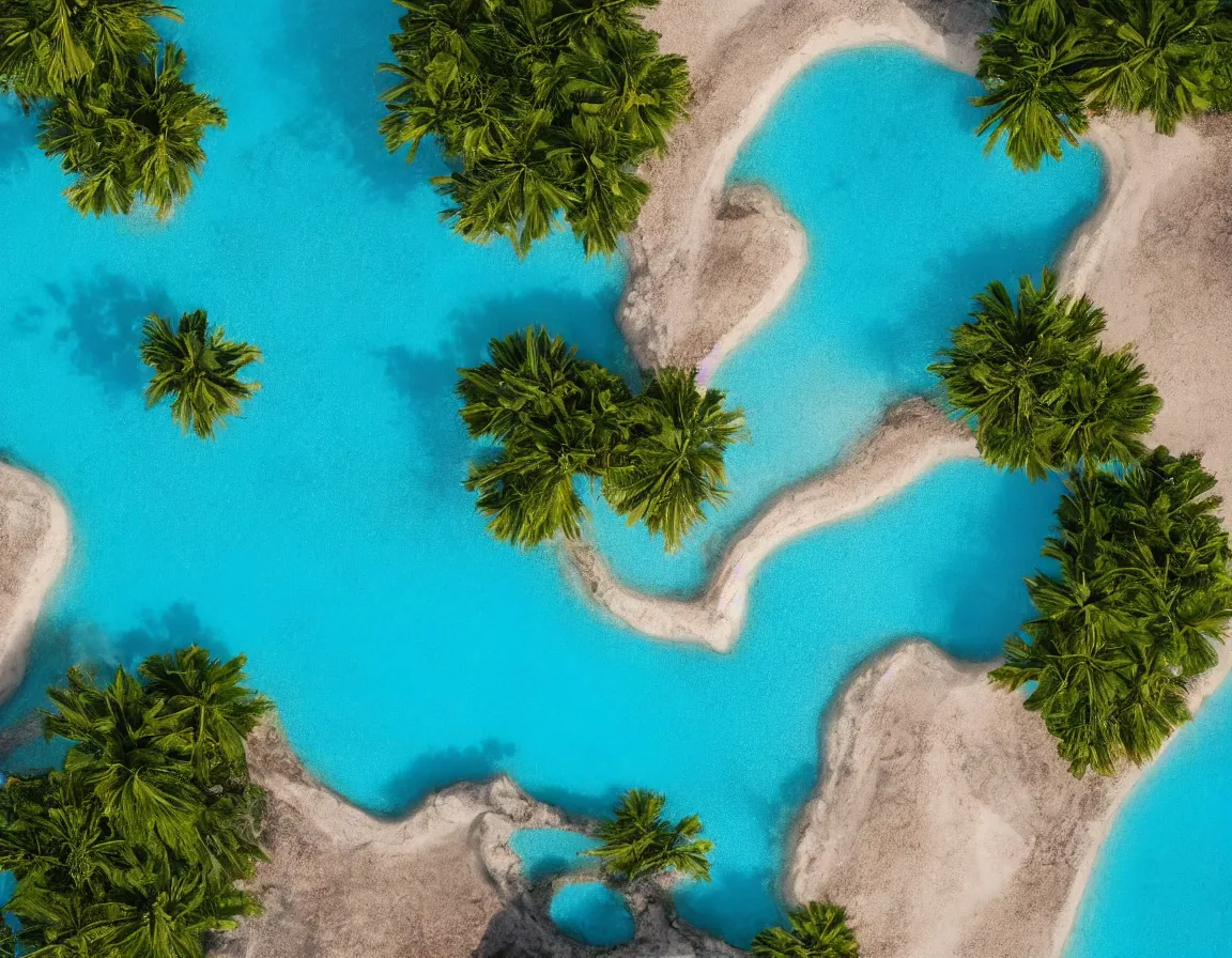 Image similar to closeup shot photo of ultra realistic blue lagoon with exotic palm tree heart / shaped sandy beach island, sunset lighting