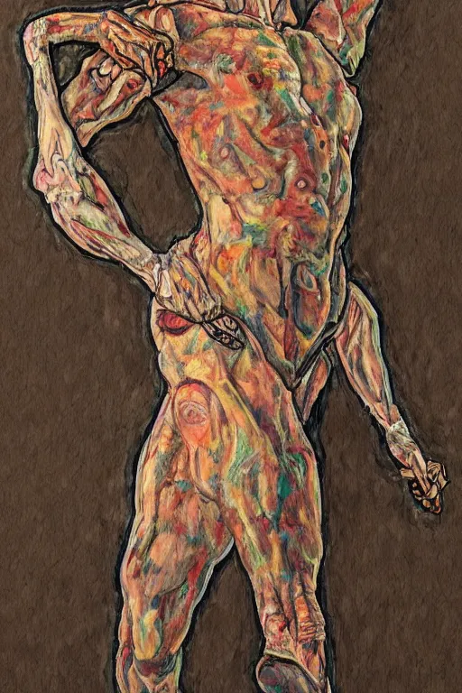 Image similar to a full body character with lifted arms in style of egon schiele, masterpiece, hyperdetailed, complex, intricate, veiled, 4 k, dynamic!! trending on artstation,