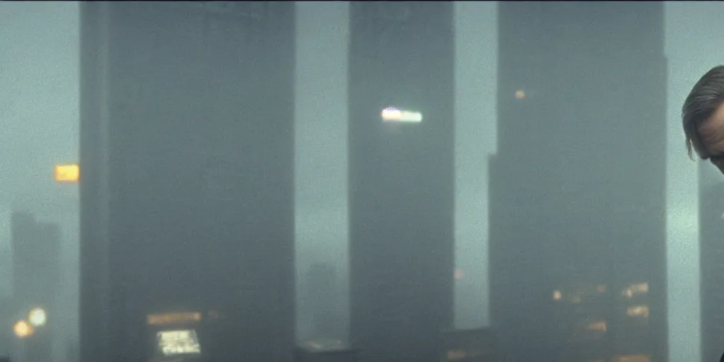 Image similar to beautiful cinematic film still of steve buscemi smoking a cigarette on a building top overlooking the rainy city in blade runner, 4 k