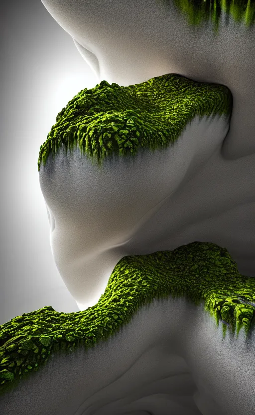 Image similar to highly detailed ultra sharp 3 d render cinematic composition of a smooth ceramic porcelain biomorphic magnolia stone nebula fluid fractal sci - fi surreal architecture landscape, granite, metallic, magnesium, marble, moss and lichen, vincent callebaut composition, mamou - mani, archviz, beautiful lighting, 8 k, unreal engine, hdr,