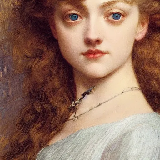 Image similar to portrait en buste of amanda seyfried in an edwardian dress by frederic william burton and frederic leighton, abundantly detailed, perfectly detailed eyes