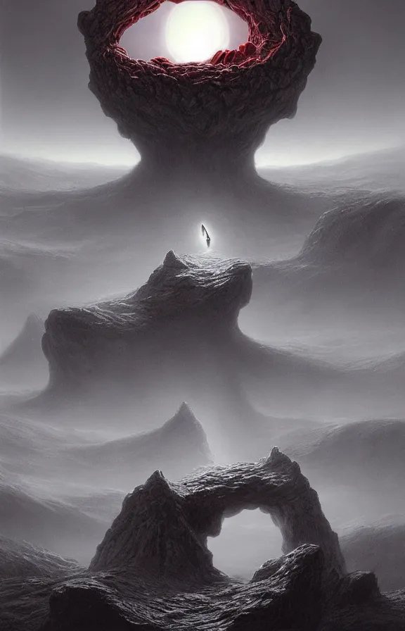 Prompt: enormous portal into godhood created by primordial demiurge flickers omniously on a barren hellish exoplanet, philosophical concept illustrated by James Gurney and Zdzislaw Beksinski and Dariusz Zawadski, dramatic lighting, ultra HD, HDR, 8k