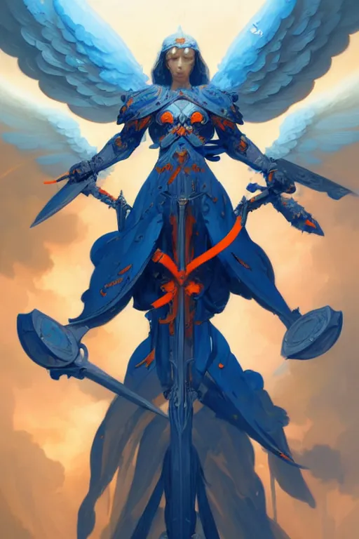 Prompt: highly detailed and complex angel of war, blue and orange color scheme, by peter mohrbacher and greg rutkowski