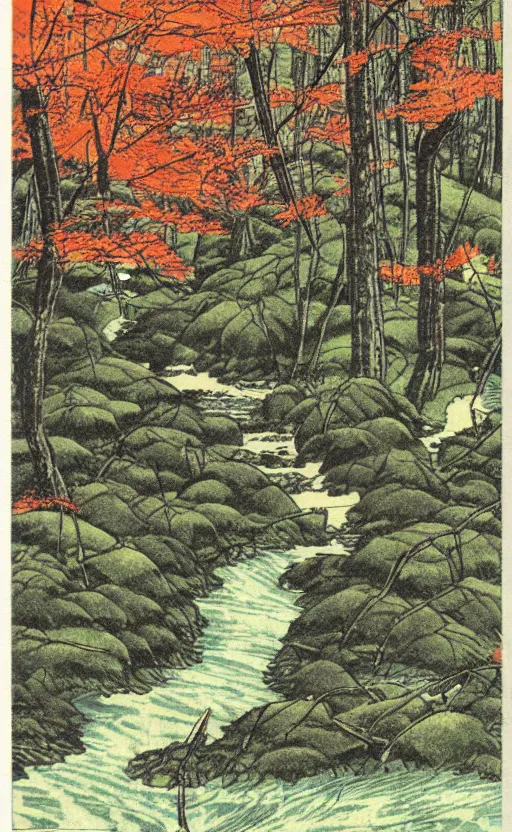 Prompt: by akio watanabe, manga art, a maple forest opens to a water stream, fall season, trading card front