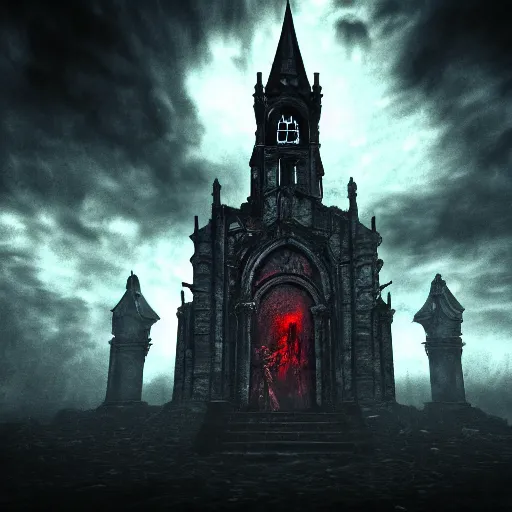 Prompt: perspective view of hell preist demonic church of evil, 35mm photography, dark, fantasy, dramatic lighting, cinematic, epic composition in the style of Castlevania, Dark Souls, Bloodborne, the Witcher 3 Andreas Rocha, final fantasy, no blur