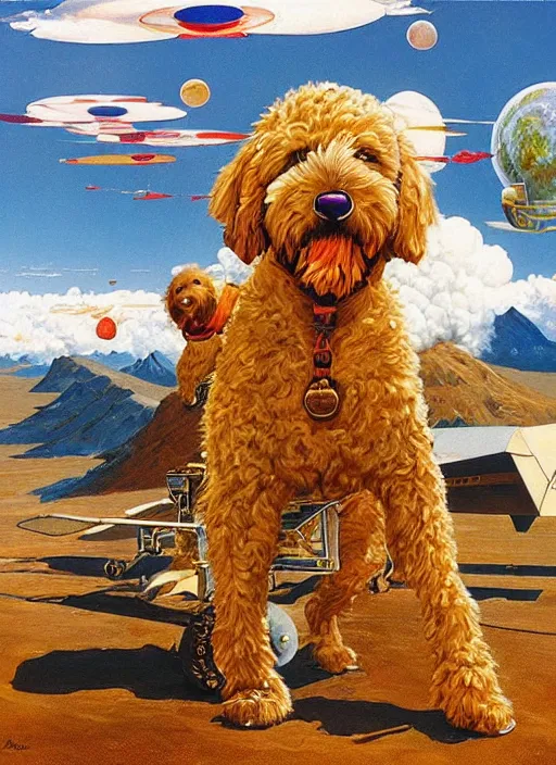 Prompt: a golden labradoodle astronaut, large scale painting by robert mccall and vladimir kush