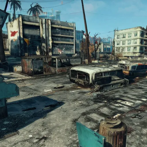 Image similar to Miami in ruins post-nuclear war in Fallout 4, in game screenshot