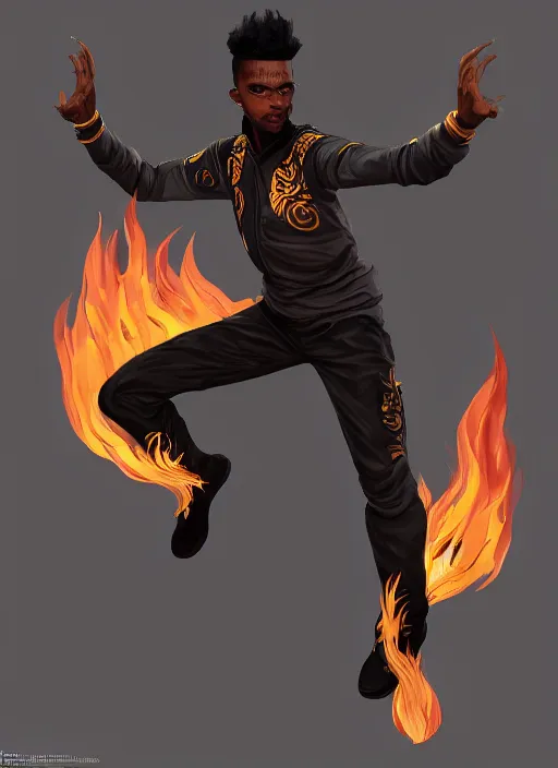 Image similar to a highly detailed illustration of black guy with tall box fade hair wearing tracksuit with flaming hands and feet, heroic flying pose, intricate, elegant, highly detailed, centered, digital painting, artstation, concept art, smooth, sharp focus, league of legends concept art, wlop