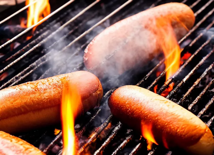 Prompt: food photo of hot dogs cooking on a grill, flames coming out of grill, 8 k, 8 5 mm f 1. 8
