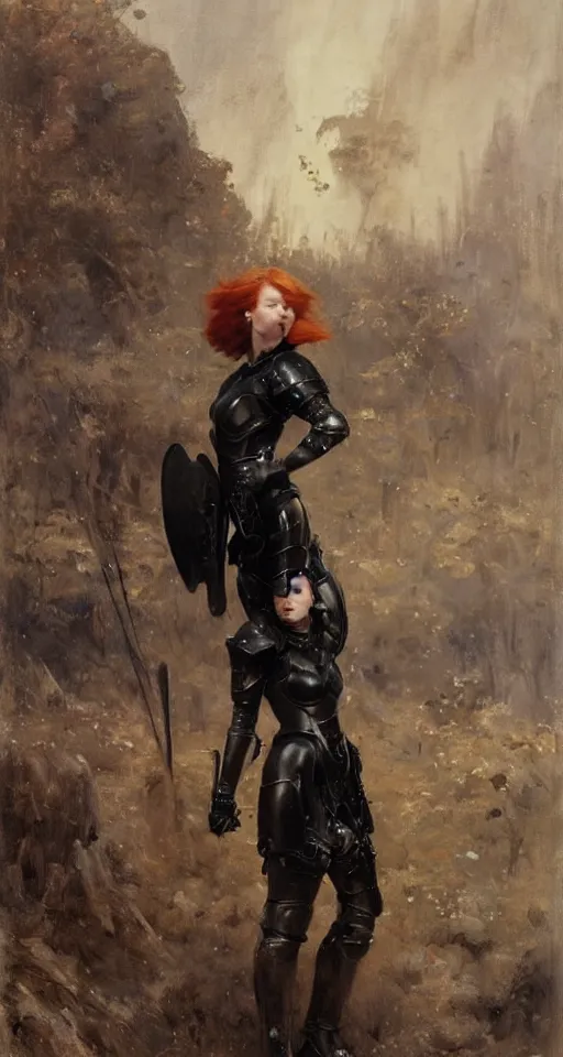 Prompt: short muscular redhead young woman wearing black medieval armour, bare legs, detailed, by gaston bussiere, bayard wu, greg rutkowski, giger, maxim verehin, greg rutkowski, masterpiece, sharp focus, cinematic lightning