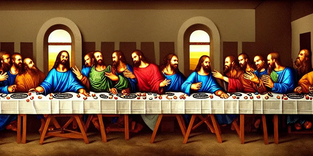 Prompt: the last supper as a rave, jesus is a dj in font of turntables, the apostles are ravers, cinematic lighting, dslr